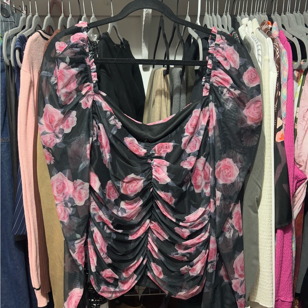 Floral Ruched Mesh Top - Black and Pink